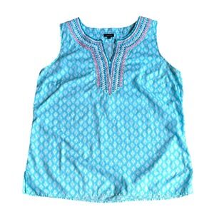 Talbots Boho Tank Top‎ Medium Aqua Embroidered Poplin Blouse India Lightweight